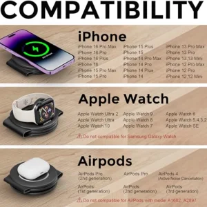 3 in 1 Charging Station for Apple Multiple Devices, Foldable Travel Wireless Charger 18W for iPhone 16 15 14 13 Pro Max Plus &Apple Watch Series/Airpods