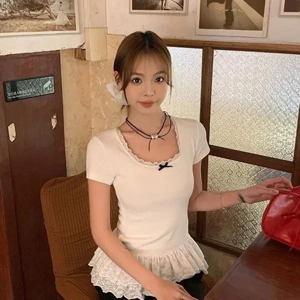Ribbed Bow Short-Sleeved T-Shirt Women Design Niche Slim-Fit Short Style