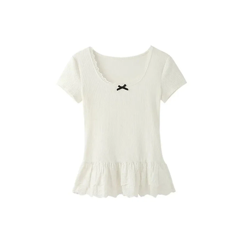 Ribbed Bow Short-Sleeved T-Shirt Women Design Niche Slim-Fit Short Style