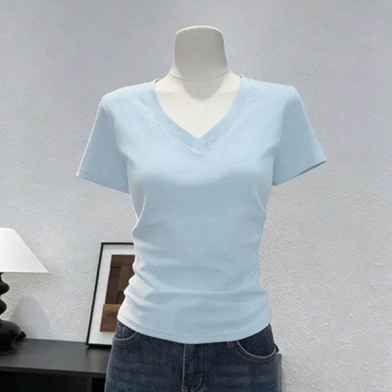230g Ice Silk Ribbed Shoulder Short-Sleeved T-Shirt Women Summer New Style Pure