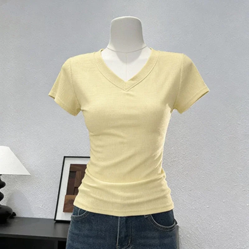 230g Ice Silk Ribbed Shoulder Short-Sleeved T-Shirt Women Summer New Style Pure