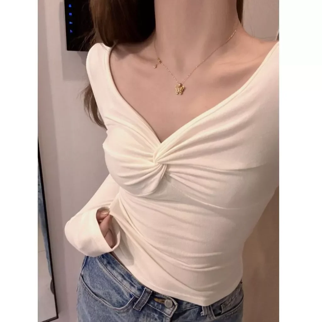 Korean Style Pure Desire Style v-Neck Twisted Inner T-Shirt Women Autumn Winter