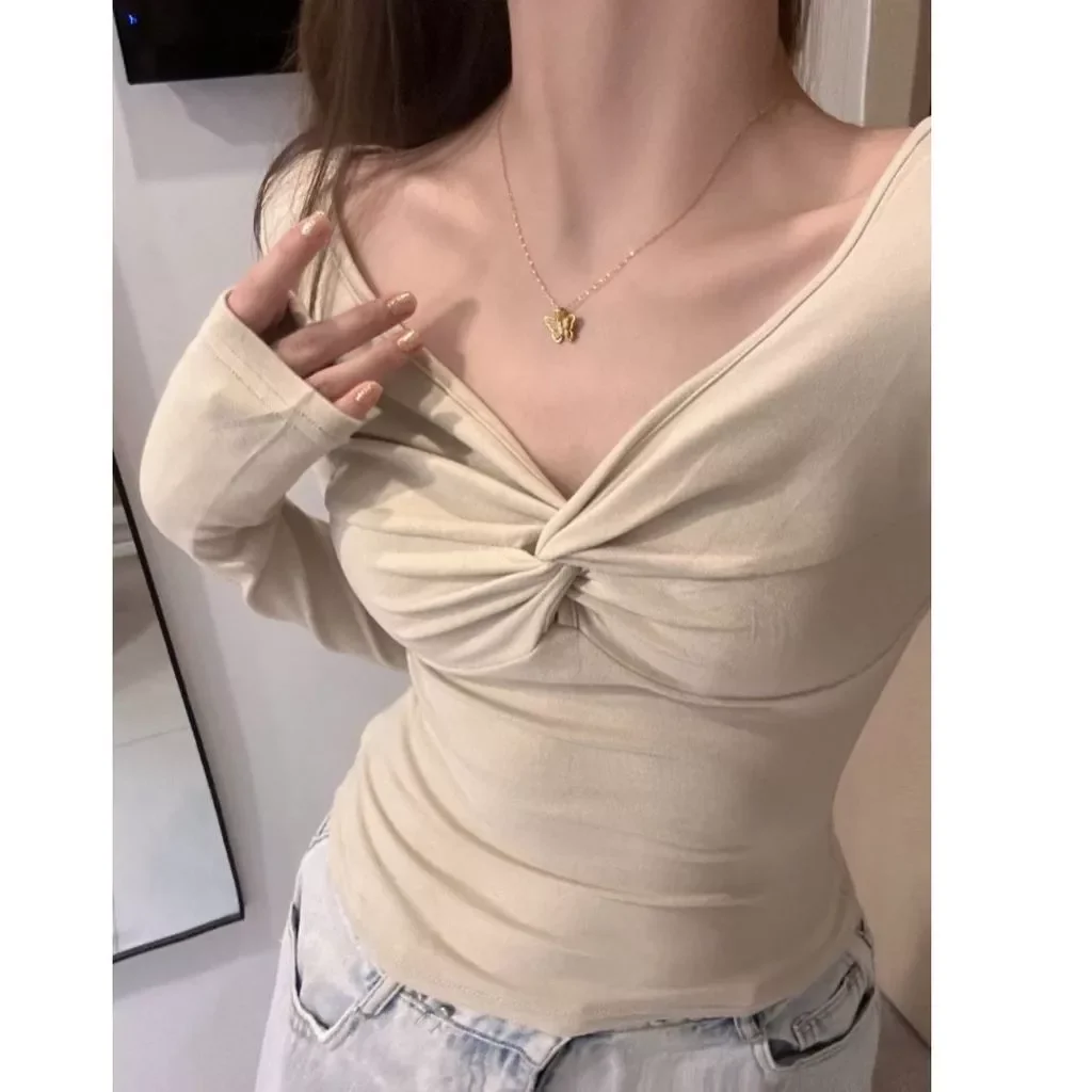 Korean Style Pure Desire Style v-Neck Twisted Inner T-Shirt Women Autumn Winter
