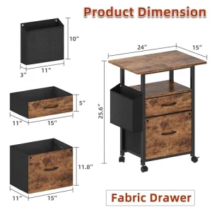 2 Drawer File Cabinet with 24'' Extended Desktop, Mobile Filing Cabinet, Rolling File Cabinet with Side Bag, Fabric Drawer, Fits A4/Letter Size, Printer Stand Home Office, Light Brown