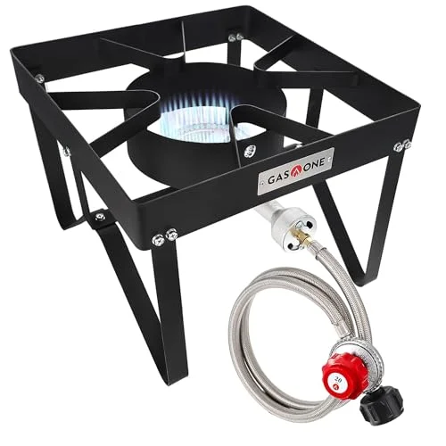 GasOne B-5200K Outdoor Cooker with High Pressure Steel Braided Hose Propane Burn