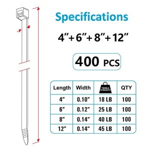 Zip Ties Assorted Sizes(4â+6â+8â+12â), 400 Pack, Black Cable Ties, UV Resistant Wire Ties by ANOSON