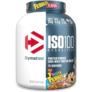 Dymatize x Fruity Pebbles ISO100 Whey Protein Powder Isolate, 25g of Protein, 75 Servings, 5.5g BCAAs, 120 Cal., Gluten Free, 1g Fat, 1g Sugar, 2g Carb