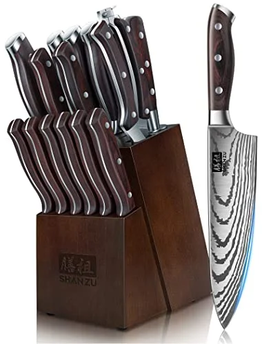 SHAN ZU Knife Set 16 pcs, Japanese Kitchen Knife with Block High Carbon Stainles
