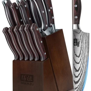 SHAN ZU Knife Set 16 pcs, Japanese Kitchen Knife with Block High Carbon Stainless Steel Ultra Sharp Knife for Kitchen, Professional Chef Knife Set with Sharpener