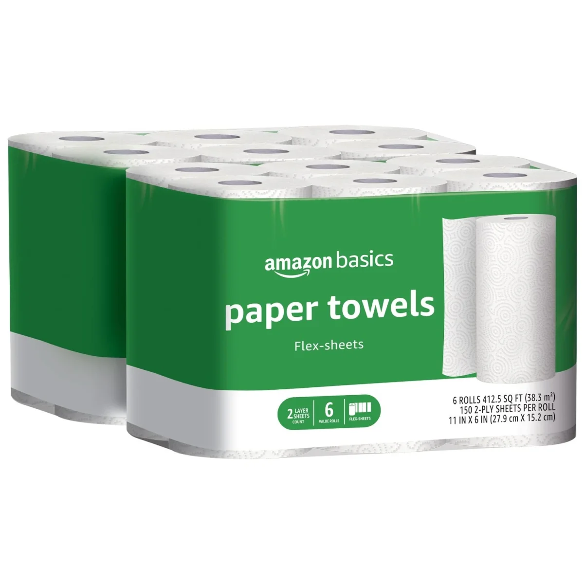 Amazon Basics 2-Ply Flex-Sheets Paper Towels, 12 Basics Rolls = 32 Regular Rolls