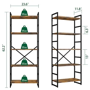 Shintenchi 2 Pieces 5 Tiers Bookshelf, Classically Tall Bookcase Shelf, Industrial Book Rack, Modern Book Holder in Bedroom/Living Room/Home/Office, Storage Rack Shelves for Books/Movies-Rustic Brown
