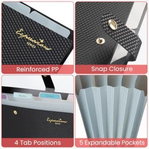 Sooez Expanding File Folder, Letter Size Accordion File Organizer, 5 Pocket Folders for Documents, Portable Filling Products for School Office Supplies, Black