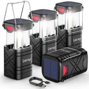 LETMY 4 Pack Camping Lantern, Rechargeable LED Lanterns, Solar Lantern Battery Powered Hurricane Lantern Flashlights with 3 Powered Ways & USB Cable for Emergency, Power Outage,