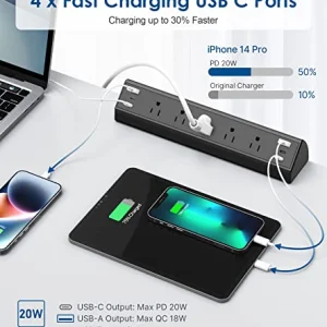 Desk Clamp Power Strip USB C,40W Total Fast Charging Station,4 PD 20W USB C Ports,Desk Edge Mount Power Strip 6 USB Ports 5 AC Outlets Surge Protector,6ft Cord,Fit 1.96