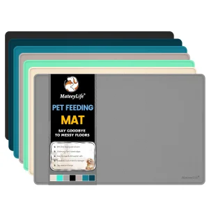 MateeyLife Dog & Cat Food Water Mat for Floors Waterproof, Nonslip Pets Bowl Feeding Mats with Raised Edges, Silicone Matt Tray for Messy Drinkers, 18
