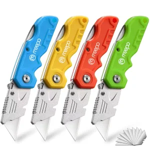 Box Cutter, 4-Pack Tough Folding Box Cutter for Heavy Duty Purpose, Razor Sharp Blade, Comfortable Handle, with Extra 10-Piece Blades, Can cut Drywall, Sheet Plastic, Linoleum, Boxes,