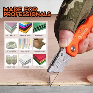 Box Cutter, 4-Pack Tough Folding Box Cutter for Heavy Duty Purpose, Razor Sharp Blade, Comfortable Handle, with Extra 10-Piece Blades, Can cut Drywall, Sheet Plastic, Linoleum, Boxes,