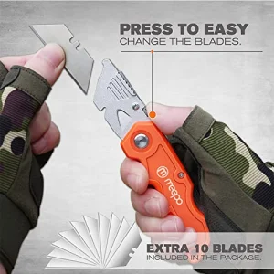 Box Cutter, 4-Pack Tough Folding Box Cutter for Heavy Duty Purpose, Razor Sharp Blade, Comfortable Handle, with Extra 10-Piece Blades, Can cut Drywall, Sheet Plastic, Linoleum, Boxes,