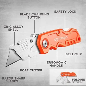 Box Cutter, 4-Pack Tough Folding Box Cutter for Heavy Duty Purpose, Razor Sharp Blade, Comfortable Handle, with Extra 10-Piece Blades, Can cut Drywall, Sheet Plastic, Linoleum, Boxes,