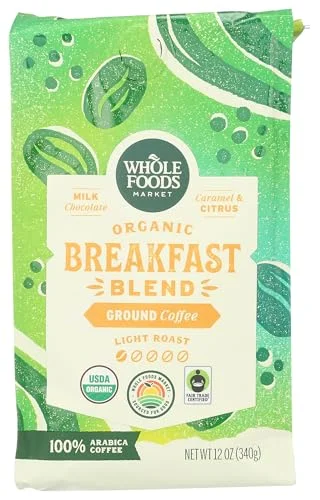 Whole Foods Market, Organic Breakfast Blend Ground Coffee, Light Roast, Milk Cho