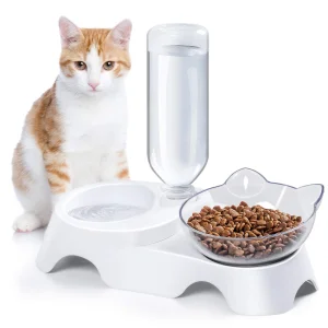 MILIFUN Double Dog Cat Bowls - Pets Water and Food Bowl Set, 15Â°Tilted Water and Food Bowl Set with Automatic Waterer Bottle for Small or Medium Size Dogs Cats