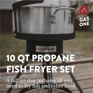 Gas One Propane Deep Fryer with 10Qt Deep Fryer Pot â High Grade Strainer Basket Aluminum Pot for Fish Fry Chicken Wings, Seafood Pot â Propane Burners for Outdoor Cooking Include