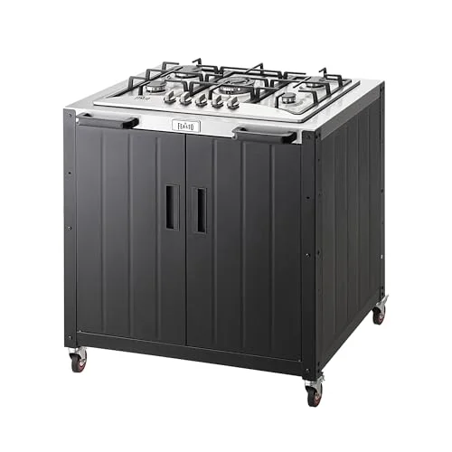 Gas Grill, Movable Outdoor Gas Stove Stainless Steel Top with Cabinet, 5 Burners