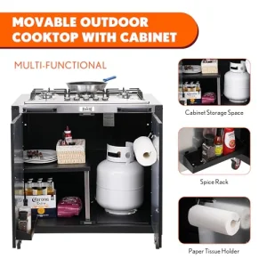 Gas Grill, Movable Outdoor Gas Stove Stainless Steel Top with Cabinet, 5 Burners with 36,200 BTUs, Outdoor Propane Grill for Outdoor Cooking, Ideal for Lawn & Garden, L35.4â x