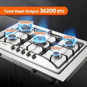Gas Grill, Movable Outdoor Gas Stove Stainless Steel Top with Cabinet, 5 Burners with 36,200 BTUs, Outdoor Propane Grill for Outdoor Cooking, Ideal for Lawn & Garden, L35.4â x