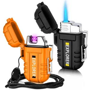 2 Pack Waterproof Lighter Outdoor Windproof Torch Lighters Dual Arc Butane Electric Lighters USB Rechargeable Lighters Flameless Plasma Lighter Camping Hiking Adventure Survival