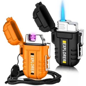 2 Pack Waterproof Lighter Outdoor Windproof Torch Lighters Dual Arc Butane Electric Lighters USB Rechargeable Lighters Flameless Plasma Lighter Camping Hiking Adventure Survival