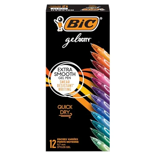 BIC Gelocity Quick Dry Assorted Colors Gel Pens, Medium Point (0.7mm), 12-Count 