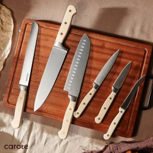 CAROTE 11 Pieces Knife Set with Block for kitchen, Stainless Steel Razor-Sharp Blade, Triple Riveted Ergonomic Handle, Wooden Magnetic Block, Essential Knife Block Set, Beige