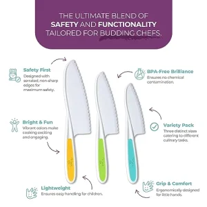 Tovla Jr. Knives for Kids 3-Piece Kitchen Cooking and Baking Knife Set: Montessori Children's Knives in 3 Sizes & Colors/Firm Grip, Serrated Edges, BPA-Free Kids' Toddler Knives (colors