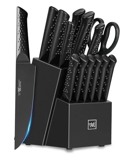 Knife Sets for Kitchen with Block, 15 Piece Knife Set with Built-in Sharpener, D