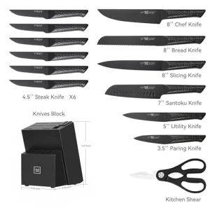 Knife Sets for Kitchen with Block, 15 Piece Knife Set with Built-in Sharpener, Dishwasher Safe, German Stainless Steel, Black