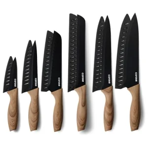 CAROTE 12PCS Knife Set, Kitchen Knife Set with Safe Guards, Stainless Steel Knife Set with Ceramic Coating, Rustproof, Black