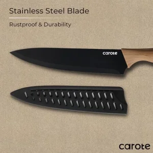 CAROTE 12PCS Knife Set, Kitchen Knife Set with Safe Guards, Stainless Steel Knife Set with Ceramic Coating, Rustproof, Black