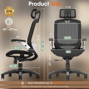 GABRYLLY Ergonomic Office Chair, High Back Home Desk Chair with Headrest, Flip-Up Arms, 90-120Â° Tilt Lock and Wide Cushion, Big and Tall Mesh Chairs for Man Woman, Black Task Chair