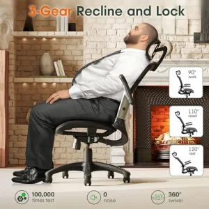 GABRYLLY Ergonomic Office Chair, High Back Home Desk Chair with Headrest, Flip-Up Arms, 90-120Â° Tilt Lock and Wide Cushion, Big and Tall Mesh Chairs for Man Woman, Black Task Chair