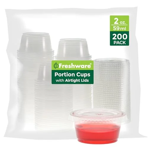Freshware Plastic Portion Cups with Lids [2 Ounce, 200 Sets] Disposable Plastic 