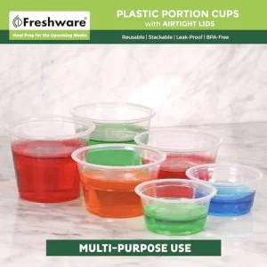 Freshware Plastic Portion Cups with Lids [2 Ounce, 200 Sets] Disposable Plastic Cups for Meal Prep, Salad Dressing, Jellos Shot Cups, Souffle Cups, Condiment and Dipping Sauce Cups