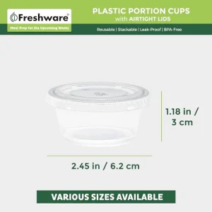 Freshware Plastic Portion Cups with Lids [2 Ounce, 200 Sets] Disposable Plastic Cups for Meal Prep, Salad Dressing, Jellos Shot Cups, Souffle Cups, Condiment and Dipping Sauce Cups