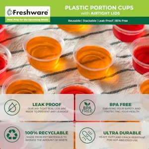 Freshware Plastic Portion Cups with Lids [2 Ounce, 200 Sets] Disposable Plastic Cups for Meal Prep, Salad Dressing, Jellos Shot Cups, Souffle Cups, Condiment and Dipping Sauce Cups