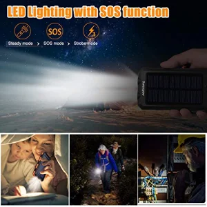 Solar Charger Power Bank, 20000mAh Portable Outdoor Waterproof Solar Battery Charger, Camping External Backup Battery Pack USB C Ports Input/Output, 2 Led Light Flashlight with Compass