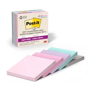 Post-it 100% Recycled Paper Super Sticky Notes, 3 in. x 3 in., 5 Pads, 70 Sheets per Pad, Wanderlust Pastels, School Supplies and Office Products