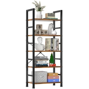Sweetcrispy Book Shelf, 5 Tier Bookcase, Modern Tall Bookshelf for Garage Kit, CDs, Movies, Industrial Corner Storage Organizer for Bedroom Home Office Kitchen Living Room, Rustic Brown