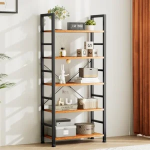 Sweetcrispy Book Shelf, 5 Tier Bookcase, Modern Tall Bookshelf for Garage Kit, CDs, Movies, Industrial Corner Storage Organizer for Bedroom Home Office Kitchen Living Room, Rustic Brown