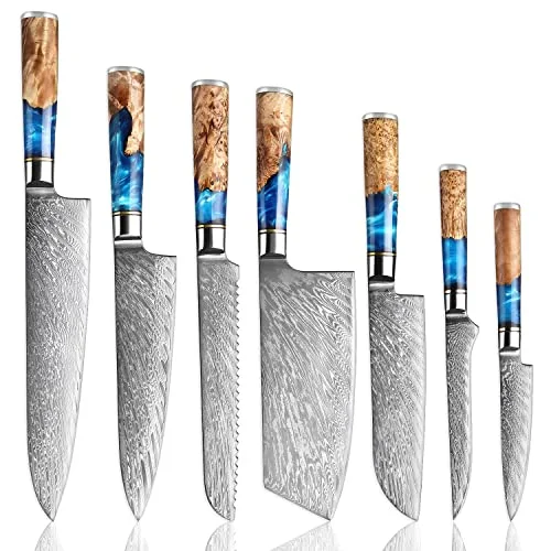SENKEN 7-Piece Damascus Kitchen Knife Set - Tsunami Collection - 67-Layer Japane