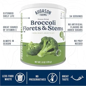Augason Farms Freeze Dried Broccoli Florets & Stems Can, Emergency Food Supply, Everyday Meals, 34 Servings